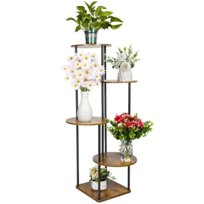 Afbeelding van Teklemon Houten bloemenrek met 5 niveaus, plantenrek meerdere verdiepingen, van hout, voor binnen, tuin, balkon, woonkamer, binnenplaats, rond