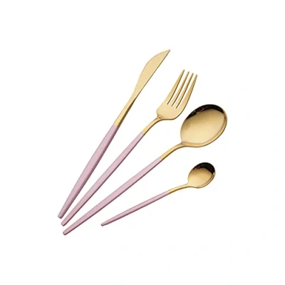 Afbeelding van OUQIWEN 16 delig bestek, goud en roze, bestekset met roze handgrepen, bestek voor 4 personen, inclusief mes/vorken/lepels/theelepel (roze goud)