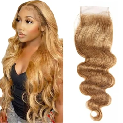 Afbeelding van Tuheerst Vetersluiting, 4 x 4, menselijk haar, sluiting, body wave, kanten met babyhaar, lange haarsluiting, #27, klasse 8A, Braziliaans Remy 55,6 cm