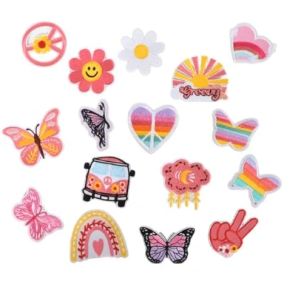 Afbeelding van 16 stuks strijkbare patches voor kleding, opstrijkbaar, geborduurd, gesorteerd, borduurwerk, reparatie, knutselen, T shirts, broeken, tassen, jeans