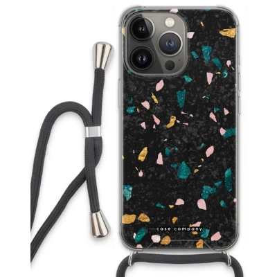 Afbeelding van Case Company® hoesje met Koord geschikt voor iPhone 13 Pro Terrazzo N10 Telefoonhoesje Zwart Extra Bescherming aan alle Kanten en Over de Schermrand