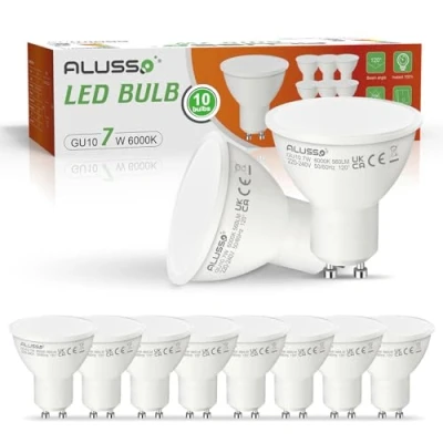 Afbeelding van ALUSSO GU10 led lampen, 7 W, 6000 K, koudwit, 560 lm, vervangt 70 W halogeenlampen, stralingshoek 120 graden, reflector, 10 stuks