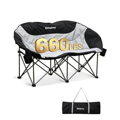 Afbeelding van KingCamp Chaises de camping doubles robustes rembourrées avec charge 299,4 kg, chaise pliante XXL pour 2 personnes, causeuse ergonomique à dossier haut adultes, lunaire