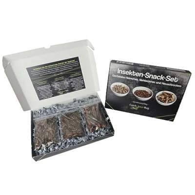 Afbeelding van Catch Your Bug Snackset voor eetbare insecten 30 g van Duitse productie gegrilde grills, sprinkhanen en meelwormen geschenkdoos met klaar om te eten