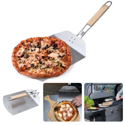 Afbeelding van Cheqo® Pizzaschep Pizzaspatel Taartschep Pizza Schep Inklapbaar RVS 57,8x24,2x3,4cm Rubberhout Handvat