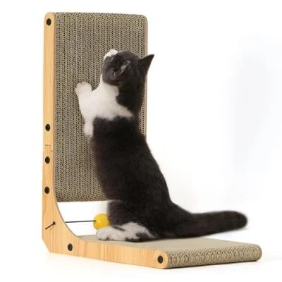 Afbeelding van FUKUMARU Krabpaal voor katten, 48 cm hoog, duurzaam, L vorm, met balspeelgoed, krabmeubel katten van hoogwaardig karton muur en hoek