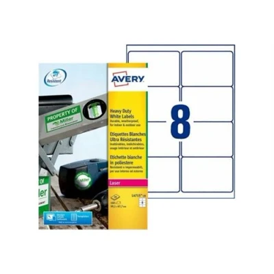 Image de Avery Heavy Duty Laser Labels Polyester auto adhésif permanent blanc 99.1 x 67.7 mm 160 étiquette(s) (20 feuille(s) 8) film