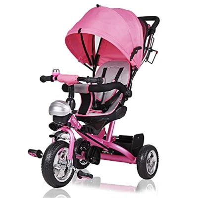 Afbeelding van Spielwerk® 4 in 1 driewieler met duwstang vanaf jaar, draaibare zitting, bekerhouder, zonnedak, voor kinderen, voetsteun, kinderwagen, kinderfiets, roze