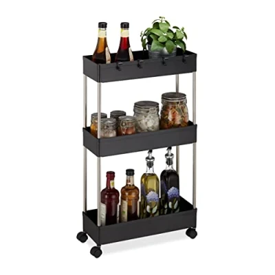 Afbeelding van Relaxdays Niswagen van kunststof (H x B D) 70 15,5 40,5 cm, smalle plank voor badkamer, keuken, 4 haken, 3 vakken, zwart