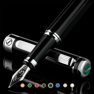 Afbeelding van Scriveiner Vulpen zwart groen leuke pen met chromen afwerking, Schmidt veer (medium), ideale doos voor dames en heren, professioneel, manager, mooie
