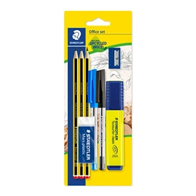 Afbeelding van Potlood Staedtler Noris HB blister à stuks met 2 balpennen, markeerstift, gum en slijper
