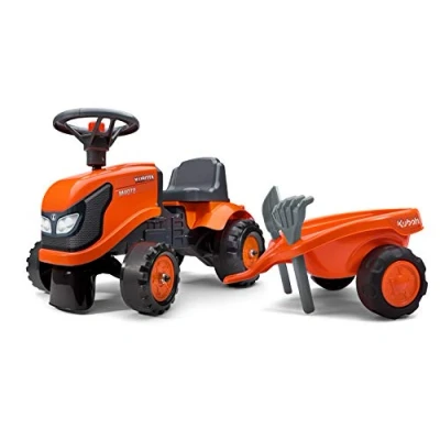Afbeelding van FALK Kubota Tractor met aanhanger vanaf 12 maanden Made in France schep en hark inbegrepen 2 aanpassingsstijlen personaliseerbaar nummerbord 260C