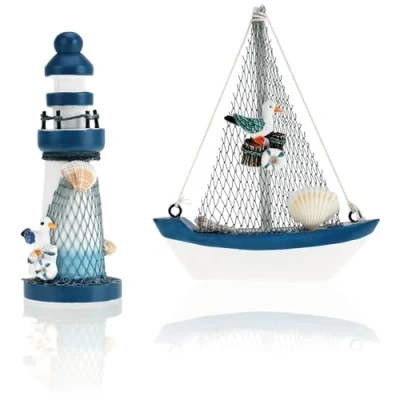 Afbeelding van 2 delige marine decoratie set houten zeilschip en Vuurtoren in een used look (02 delig + vuurtoren)