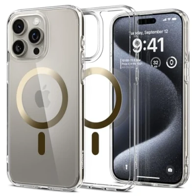 Image de Spigen Ultra Hybrid MagFit Coque de protection pour téléphone portable compatibilité avec MagSafe polycarbonate, polyuréthanne thermoplastique (TPU) transparent, or Apple iPhone 15 Pro