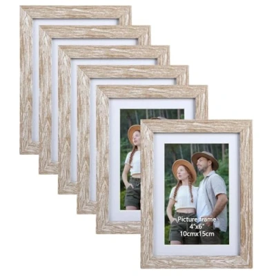 Image de EYMPEU Cadre Photo 10x15 avec Passe Partout pour contenir 13x18 ou photo, Lot de 6 Cadres Photos en Bois Naturel, Rustique Accrocher au Mur La Table
