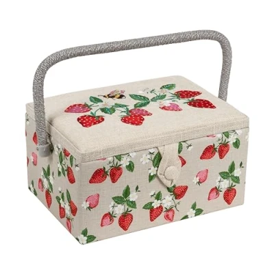 Afbeelding van Hobby Gift Exclusieve middelgrote naaidoos, opbergdoos om te knutselen, accessoirebak, pinnenbol, pvc handvat, 18,5 x 25,5 14,5 cm, geborduurde aardbeien