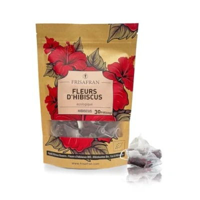 Image de FRISAFRAN Fleur d’Hibiscus Séchées BIO 30Un hibiscus En Vrac de Jamaïque Infusion Detox Drainante Thé D&#039;Hibiscus glacé et Tisane Eau jamaïcaine 60g