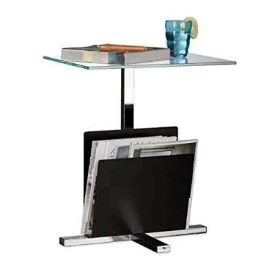 Afbeelding van Relaxdays bijzettafel met tijdschriftenrek glasplaat glazen tafel modern lectuurbak