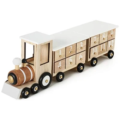 Afbeelding van BRUBAKER Herbruikbare Houten Adventskalender zelf te vullen Witte locomotief met 24 deuren Doe het kalender 46 x 9,5 10,7 cm