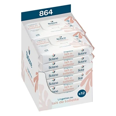 Image de BIOLANE Pack de 12 Lingettes bebe au lait toilette bébé 864 Nettoie et hydrate Peaux sensibles 98% d&#039;origine naturelle Fabriqué en France