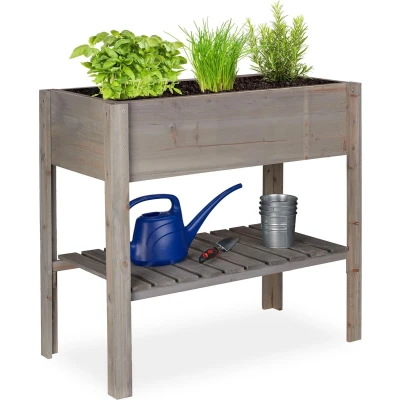 Afbeelding van Relaxdays moestuinbak hout met opbergvak 80 x 88 43,5 cm balkon terras tuin grijs