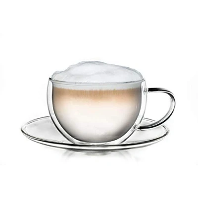 Afbeelding van Creano Thee of koffiemok, dubbelwandig, met schotel van hoogwaardig borosilicaatglas, 250 ml
