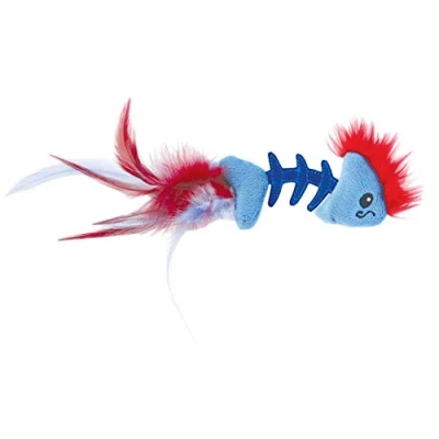 Afbeelding van Petstages Feather Fish Bone Kattenspeeltje vissengraat met pluimen gevuld kattenkruid blauw