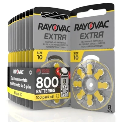 Afbeelding van 800 Hearing Aid Batteries Rayovac Extra 10. 100 blisters met 8 batterijen