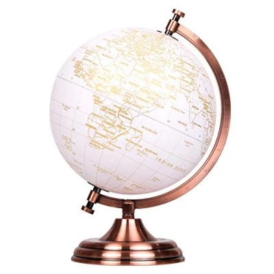 Afbeelding van Exerz Gouden en witte wereldbol gastenboek, 20 cm, boog basis van brons metaal, verguld wit (Engels)