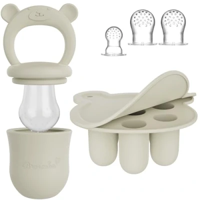 Afbeelding van Baby Fruitspeen (3x) &amp; IJsvormpjes Set IJsblokjesvorm met deksel Babyhapjes bewaarbakjes 100% Siliconen Sabbelzakje Broemba