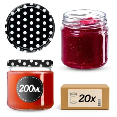 Afbeelding van KADAX Kleine weckpotten, 200 ml, jampotten, FI66 mm, mini honing en kruidenweckpotten, luchtdichte ronde weckpotten (20 stuks, zwart, gestippeld)