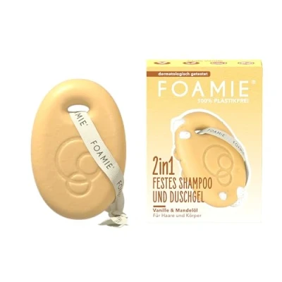 Image de Foamie Shampoing solide 2 en 1 et gel douche au lait d&#039;amande vanille pour cheveux corps Avec huile parfum de pH neutre la peau Végétalien sans plastique 80 g
