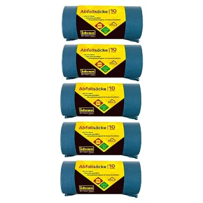 Afbeelding van Idena 50056 5 Vuilniszakset, rollen à 10 stuks, blauw, 120 liter, 40µ extra sterk en scheurvast, met praktische schuifverbinding, zakken schuifbanden