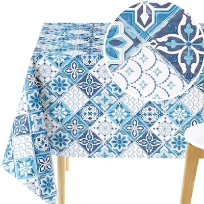 Afbeelding van KP HOME Rechthoekig tafelkleed van pvc, gemakkelijk schoon te maken, 250 x 140 cm, Portugese Azulejo tegels Lissabon, kunststof tafelkleed, waterdicht, reinigen, marineblauw