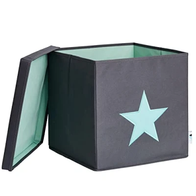 Afbeelding van LOVE !T STORE Opbergdoos met deksel, stoffen opbergdoos, vierkant en extra stabiel, grijs groene ster, 33 x cm