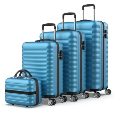 Afbeelding van NEWTECK 4 koffers (53 / 63 75 cm) en toilettas, ABS, stijf, robuust, dubbele wielen, licht, zijcombinatieslot, Blauw, Kofferset delig, 3 stuks harde met draaibare wielen pennenetui, Juego de Maletas pzs