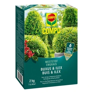 Afbeelding van COMPO Meststof Buxus &amp; Ilex directe en lange werking 6 maanden voor een stevige groei diepgroene bladeren doos 2 kg