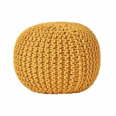 Afbeelding van Homescapes Rond gebreide poef 100% katoen mosterdgeel 35x40 cm