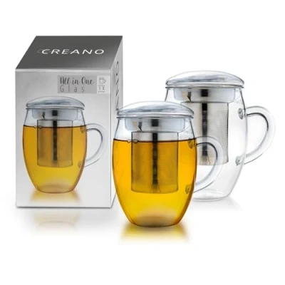 Afbeelding van Creano Set van 2 grote theekopjes 400 ml met roestvrijstalen zeef en glazen deksel in aantrekkelijke geschenkverpakking x