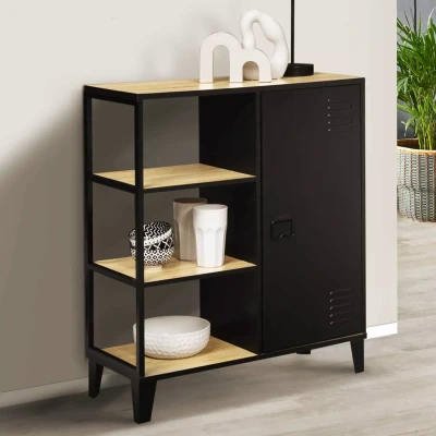 Image de Buffet d&#039;appoint ESTER 3 étagères et placard métal noir plateau bois design industriel 70 cm
