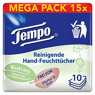 Afbeelding van Tempo 150 stuks handreinigingsdoekjes, parfum en alcoholvrij, dermatologisch getest (10 doekjes x 15 verpakkingen)
