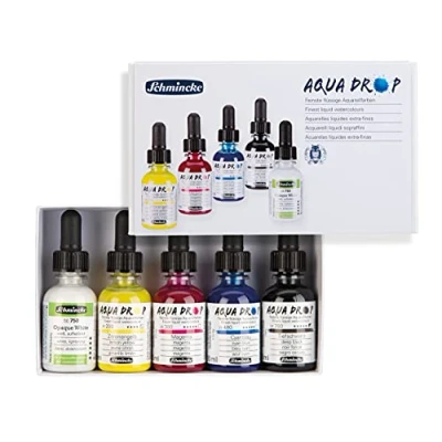 Afbeelding van Schmincke Aqua DROP, vloeibaar, zeer lichte waterkleurverf, 5 x 30 ml primaire kleuren + ondoorzichtig wit, 78 005 097, set voor kalligrafie, handlettering, airbrushing