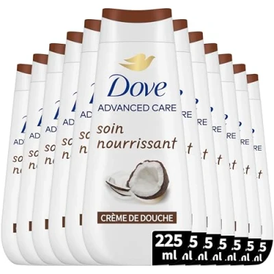 Afbeelding van DOVE Advanced douchecrème met kokos en amandelgeur voedende verzorging dermatologisch getest zacht huidgevoel gedurende 24 uur (12 x 225 ml)