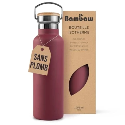 Afbeelding van Bambaw® 1 liter RVS Thermosfles Dubbelwandig, Milieuvriendelijk, Lekvrijen, loodvrij en Plasticvrij Geïsoleerde Fles met Bamboe Deksel voor Warme Koude Dranken Ideaal Reizen, Werk, Yoga, Wandelen Dagelijks Gebruik rood