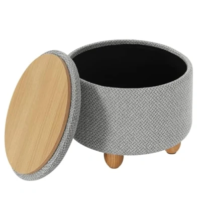 Afbeelding van WOLTU poef met deksel, voetensteun van linnen, groot, rond, ruimtebesparend, grenenhouten poten, voor woonkamer, hal, slaapkamer, Ø 39 x 33 cm, lichtgrijs, SH77hgr