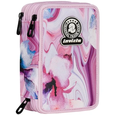 Afbeelding van Invicta Schooltas met 3 ritssluiting, roze en paars, drievoudig volledig vak pennen, potloden stiften, schoolaccessoires, rugzakaccessoires, basisschool, meisjes, roze,, Roze, School
