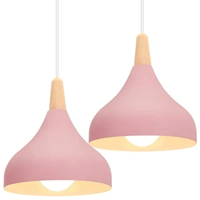 Afbeelding van iDEGU Retro hanglampen, modern, druppelstijl, kap, plafondlamp, E27, metaal, hanglamp, voor slaapkamer, eetkamer of keuken, diameter 20 cm, 2 stuks, roze