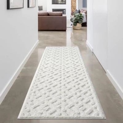 Afbeelding van carpet city Scandi Vloerkleed, woonkamer, hoogpolig, 140 x 200 cm, effen, wit/crème, diep geometrisch patroon, 3D effect, voor slaapkamer, boho stijl, stijl