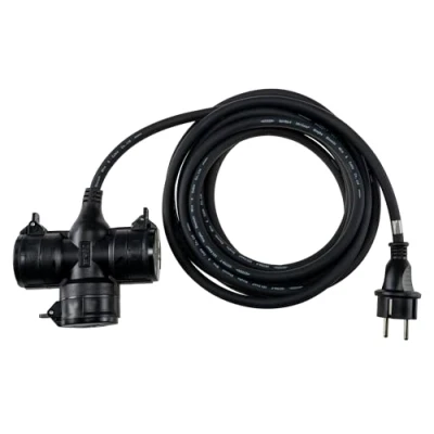 Afbeelding van ChiliTec verlengkabel met 3 stopcontacten, 5 m buitenkabel, voudig deksel, IP44, buitenstopcontact rubberen kabel H07RN F 3G1,5 mm², zwart