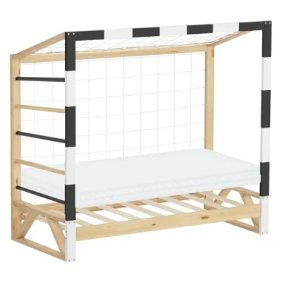 Afbeelding van Kinderbed voetbaldoel 70x140 cm naturel grenen hout met matras H:10cm houten bed lattenbodem klimladder &amp; net ML Design